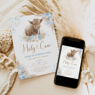 Holy Cow Boho Blue Highland Cow Boy Birthday Invitation