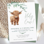 Holy Cow Boho Greenery Highland Cow 1st Birthday Invitation<br><div class="desc">Invite your friends and family to celebrate your childs birthday with this adorable highland calf and eucalyptus greenery 1st birthday invitations, party accessories and gifts . This cow birthday invitation features a hand-painted watercolor highland cow, perfect for farm and cow lovers! The design is modern and trendy, with a simple...</div>