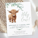 Holy Cow Boho Greenery Highland Cow 1st Birthday Invitation Postcard<br><div class="desc">Invite your friends and family to celebrate your childs birthday with this adorable highland calf and eucalyptus greenery 1st birthday invitations, party accessories and gifts . This cow birthday invitation features a hand-painted watercolor highland cow, perfect for farm and cow lovers! The design is modern and trendy, with a simple...</div>