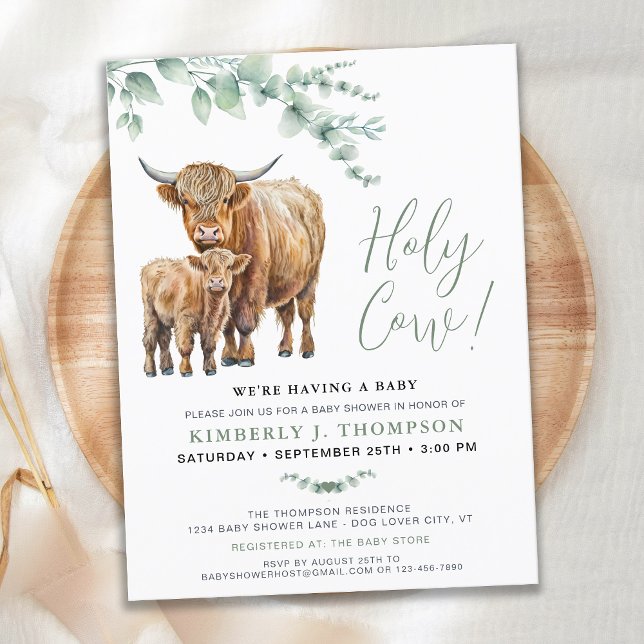 Holy Cow Boho Greenery Highland Cow Baby Shower  Postcard (Creator Uploaded)