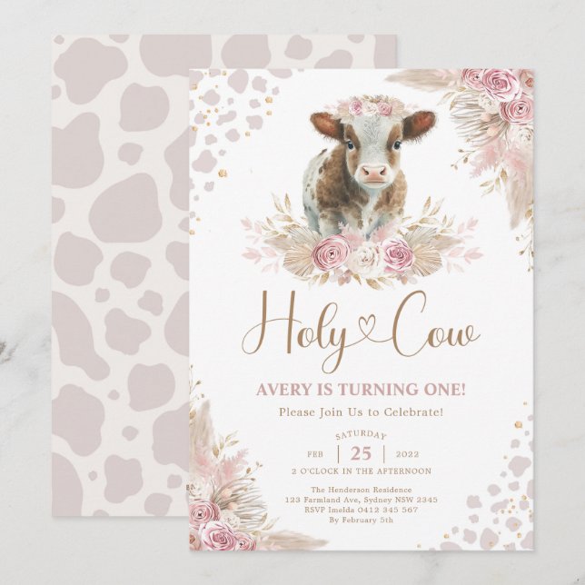 Holy Cow Boho Pink Pampas Cow Baby Girl Birthday Invitation (Front/Back)