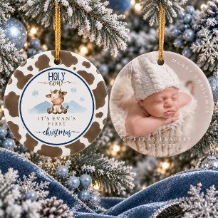 Holy Cow Brown Cow Print Baby 1st Christmas Photo Ceramic Tree Decoration