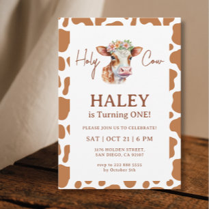 Holy Cow Brown Print 1st Baby Birthday Invitation