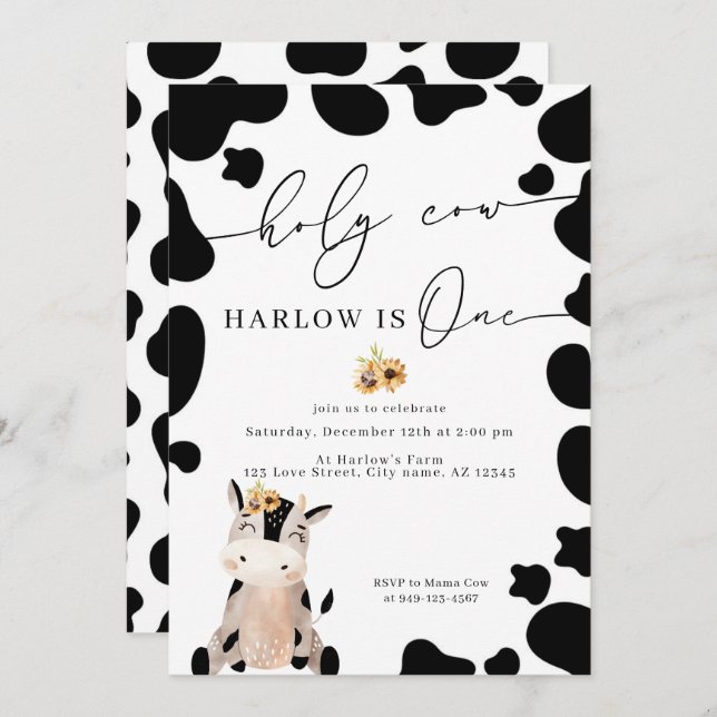 Holy Cow Country Farm Sunflower First Birthday Invitation (Front/Back)