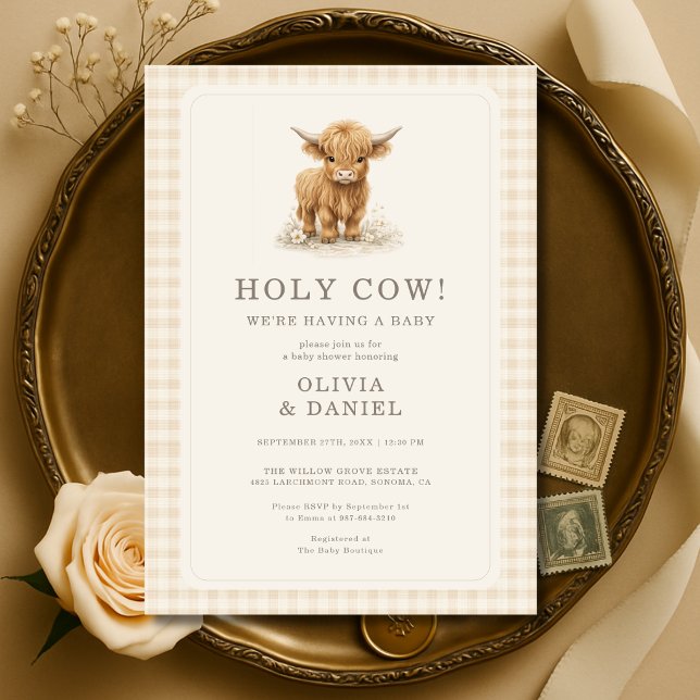 Holy Cow Couples Gingham Baby Shower Invitation (Creator Uploaded)