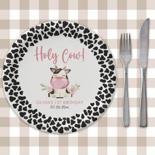 Holy Cow Cute Birthday Girl with Cow Theme Paper Plate