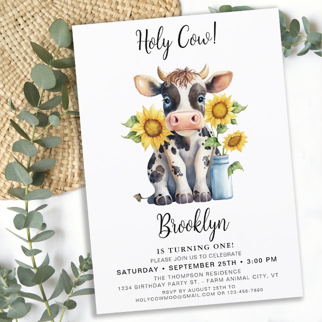 Holy Cow Cute Modern Farm Animal 1st Birthday Invitation (Creator Uploaded)
