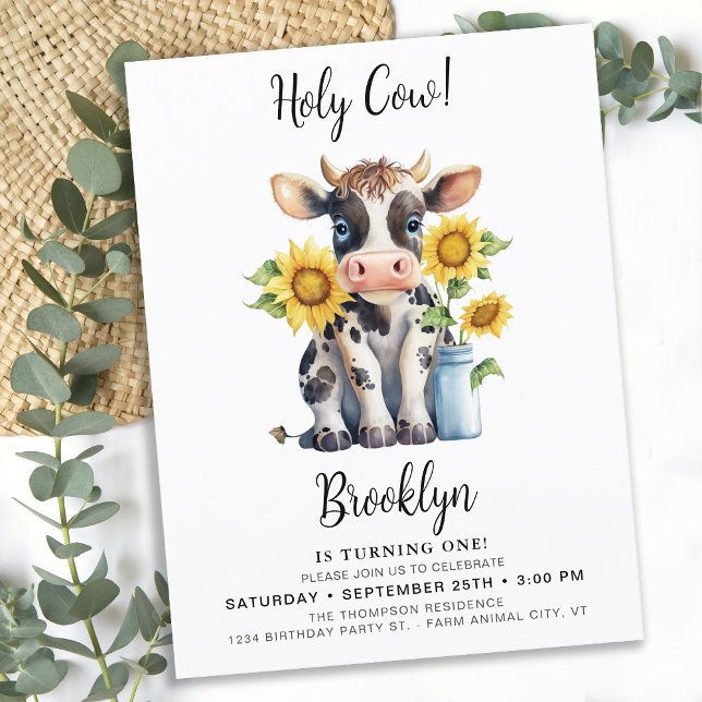 Holy Cow Cute Modern Farm Animal 1st Birthday Invitation Postcard (Creator Uploaded)