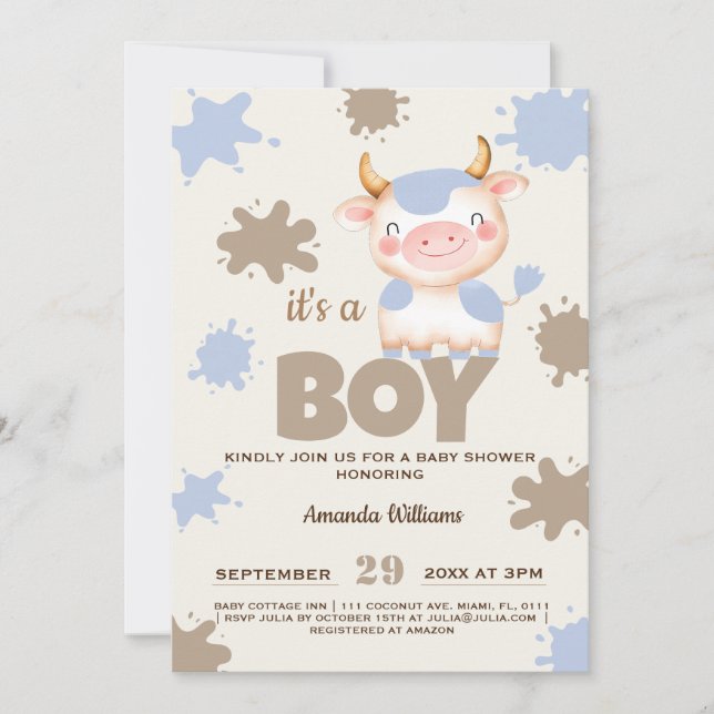 Holy cow farm animal boy baby shower invitation (Front)