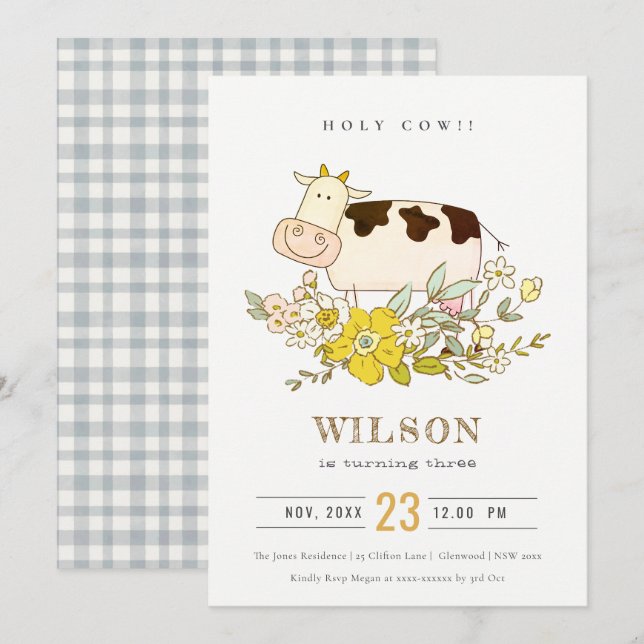 Holy Cow Farm Floral Kids Any Age Birthday Invite (Front/Back)