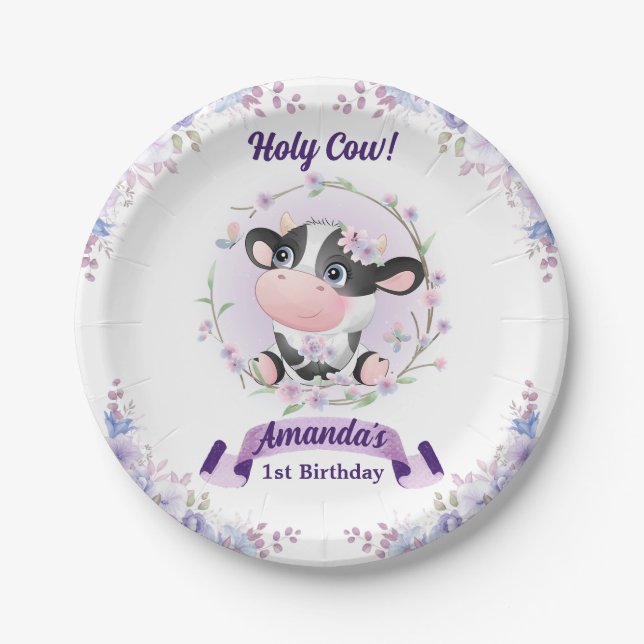 Holy Cow Floral 1st Birthday Party Paper Plate (Front)