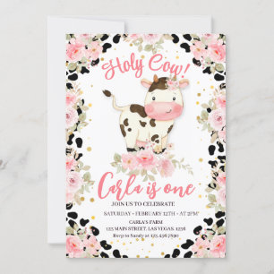 Holy Cow Floral and Cow Print Birthday Invitation