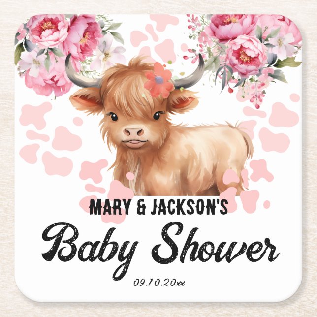 Holy Cow Floral Baby Shower Square Paper Coaster (Front)