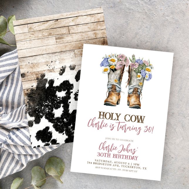 Holy Cow Floral Cowboy Boots 30th Birthday Invitation (Creator Uploaded)
