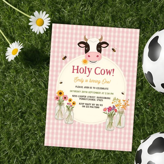 Holy Cow Floral Pink Gingham Girl 1st Birthday Invitation (Holy Cow Girl Birthday Invitation Pink Gingham 1st Birthday Party Invite with Flowers and Cow)