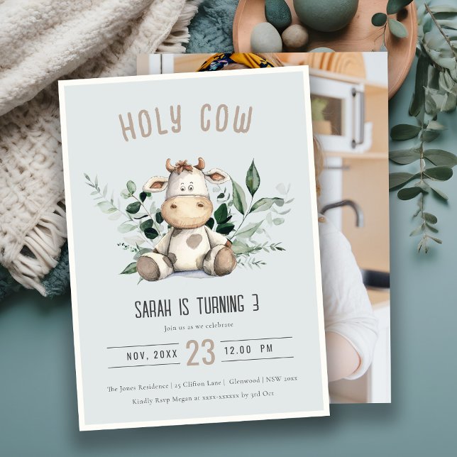 Holy Cow Foliage Dusky Blue Photo Kids Birthday Invitation (Creator Uploaded)