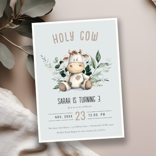 Holy Cow Foliage Pastel Dusky Blue Kids Birthday Invitation (Creator Uploaded)