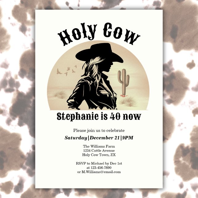 Holy Cow Funny Vintage Cowgirl 40th Birthday Invitation (Creator Uploaded)