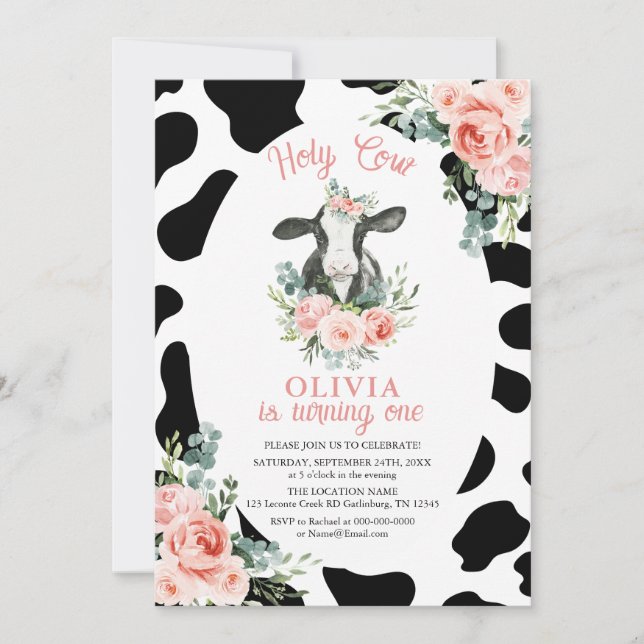 Holy Cow Girl 1st Birthday Invitation (Front)