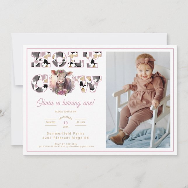 Holy Cow Girl 1st Birthday Photo Invite (Front)