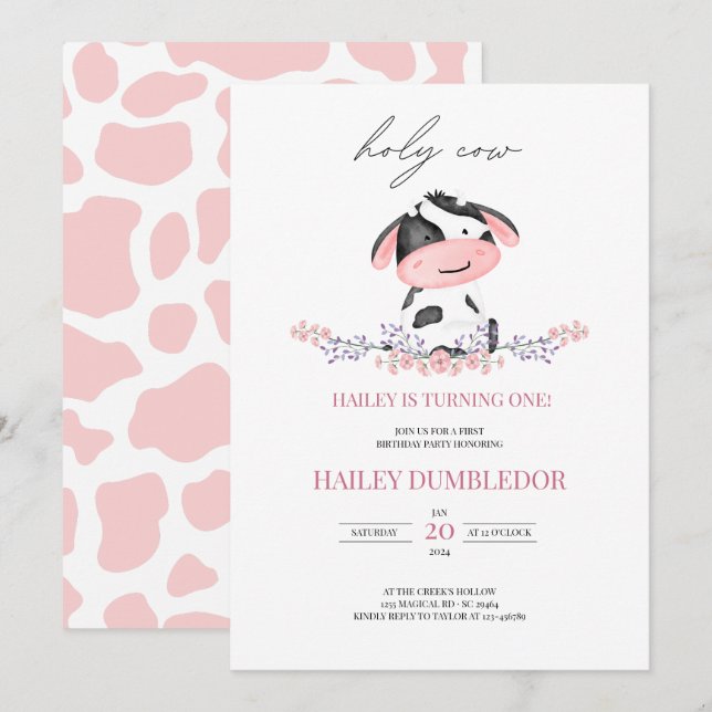 Holy Cow Girl First Birthday Rustic Pink Pattern Invitation (Front/Back)