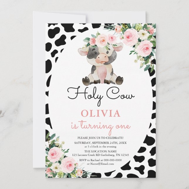 Holy Cow Girl Pink Floral Farm Birthday Invitation (Front)