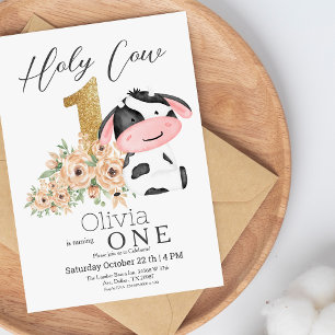 Holy Cow Gold Flowers 1st Birthday Party Invitation