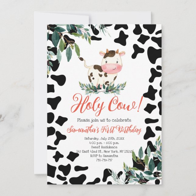 Holy Cow Greenery First Birthday Party Invitation (Front)