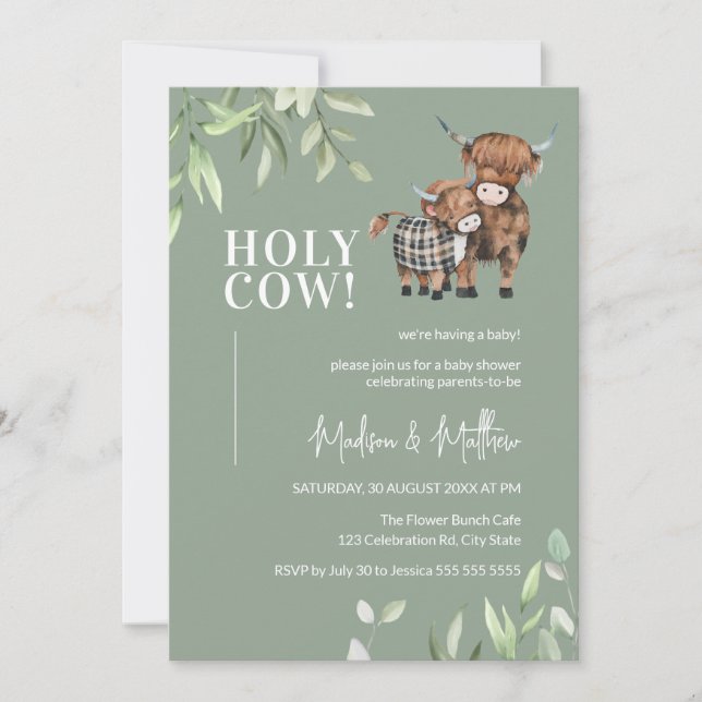 Holy Cow Greenery Highland Cow Baby Shower Invitation (Front)