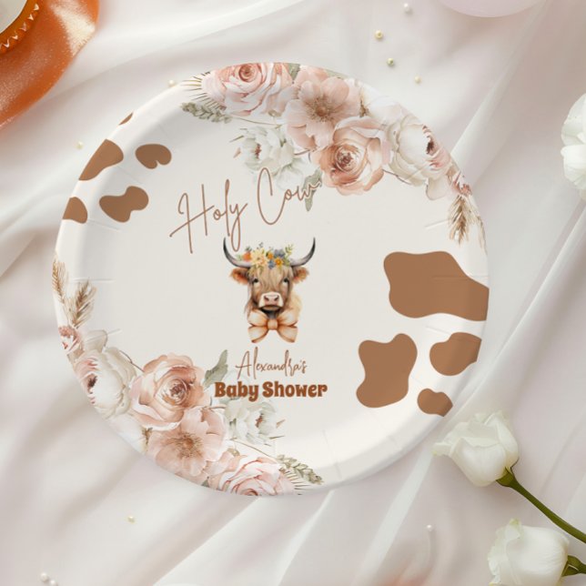 Holy Cow Greenery Highland Cow  Baby Shower Paper Plate (Creator Uploaded)