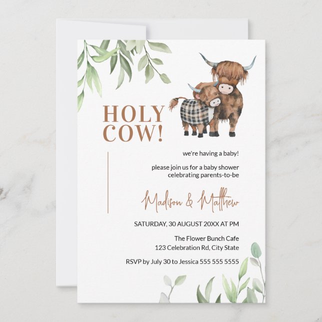 Holy Cow Greenery Rustic Farm Baby Shower  Invitation (Front)