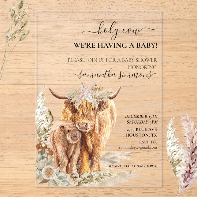Holy Cow Highland Calf Baby shower Boho  Acrylic Invitations (Creator Uploaded)