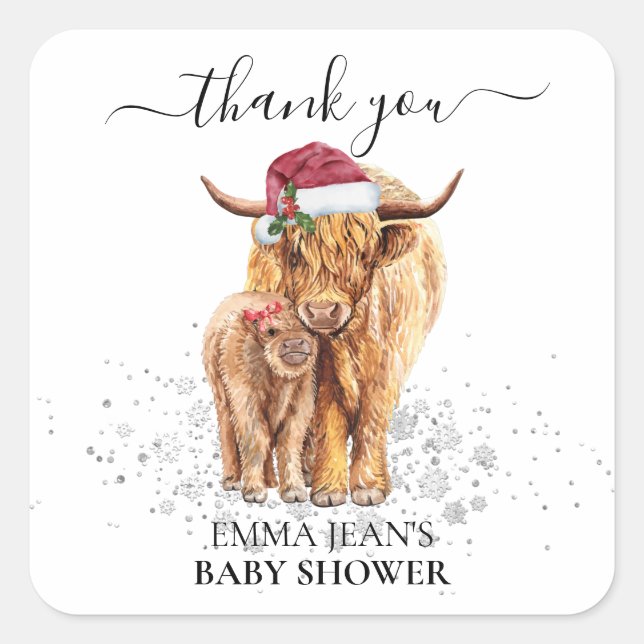 Holy Cow Highland Calf Baby Shower Christmas Square Sticker (Front)