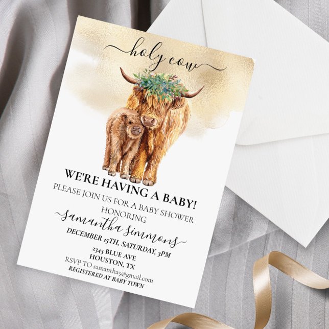 Holy Cow Highland Calf Baby Shower Watercolor Gold Invitation (Creator Uploaded)