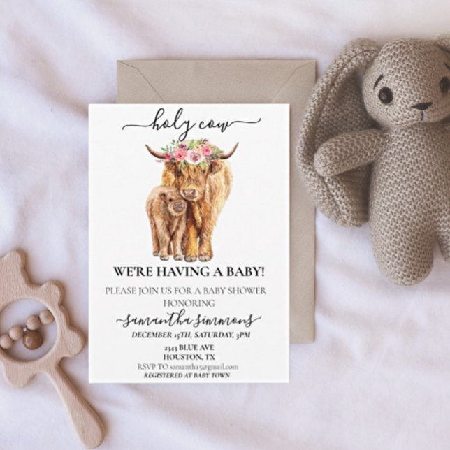 Holy Cow Highland Calf Baby Shower Watercolor  Inv Invitation (Creator Uploaded)