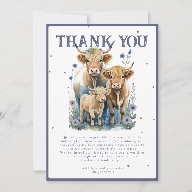 Holy Cow Highland Cow Elegant Baby Shower Thank You Card (Front)