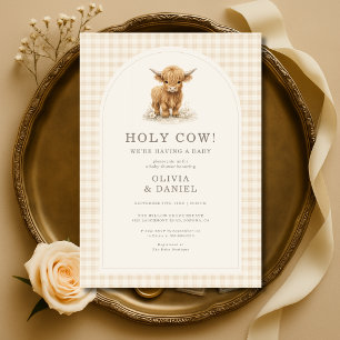 Holy Cow Highland Cow Gingham Baby Shower Invitation