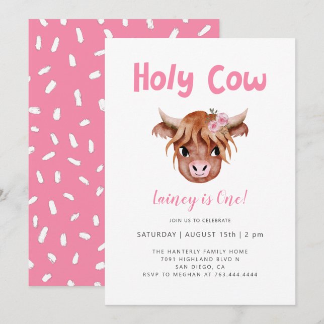 Holy Cow Highland Cow Girl Birthday Invitation (Front/Back)