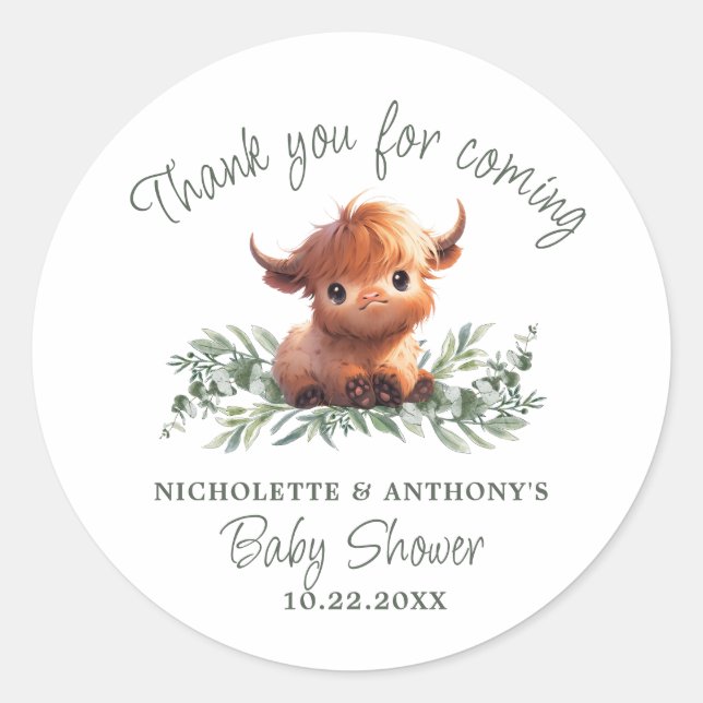 HOLY COW HIGHLAND MODERN COUPLES BABY SHOWER CLASSIC ROUND STICKER (Front)