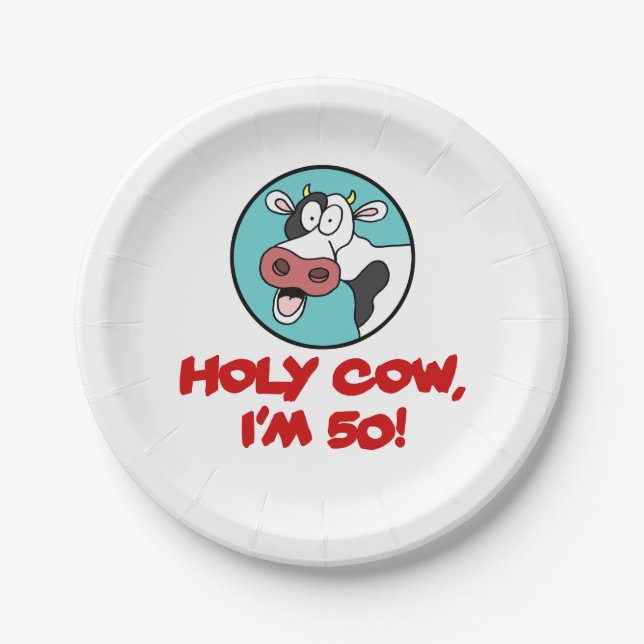 Holy Cow I'm 50 Funny 50th Party Decor Paper Plate (Front)