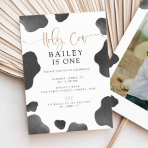 Holy Cow I'm One Birthday Invite, Cow 1st B'day Invitation