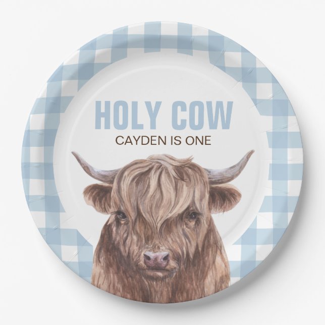 Holy Cow I'm One blue Plaid birthday Paper Plates (Front)
