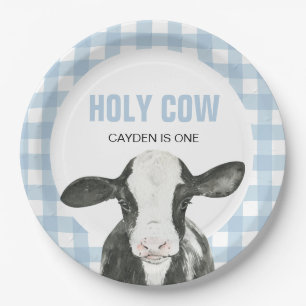 Holy Cow I'm One blue Plaid birthday Paper Plates