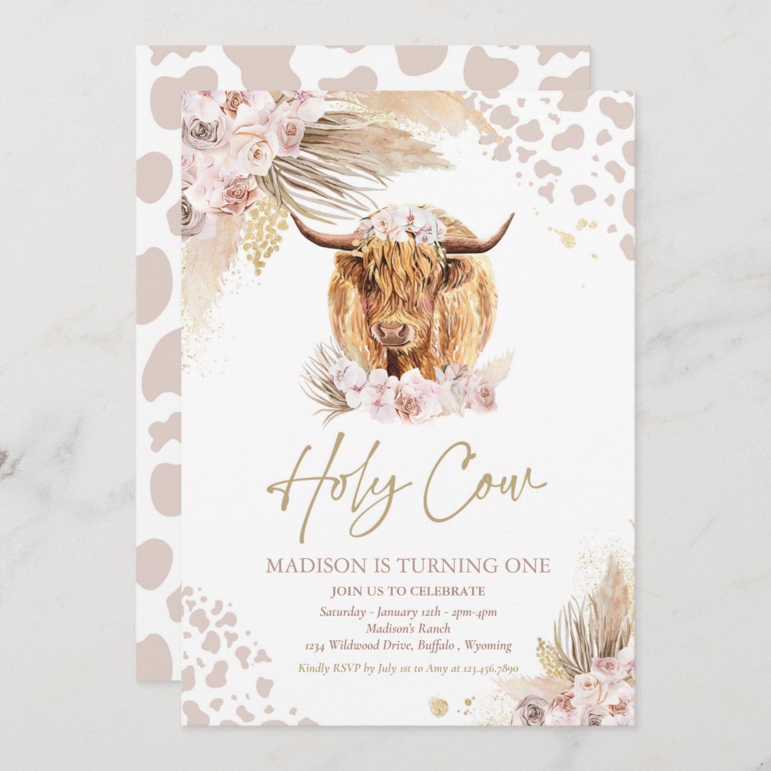 Holy Cow I'm One Boho Pampas Highland Cow Birthday Invitation | Zazzle