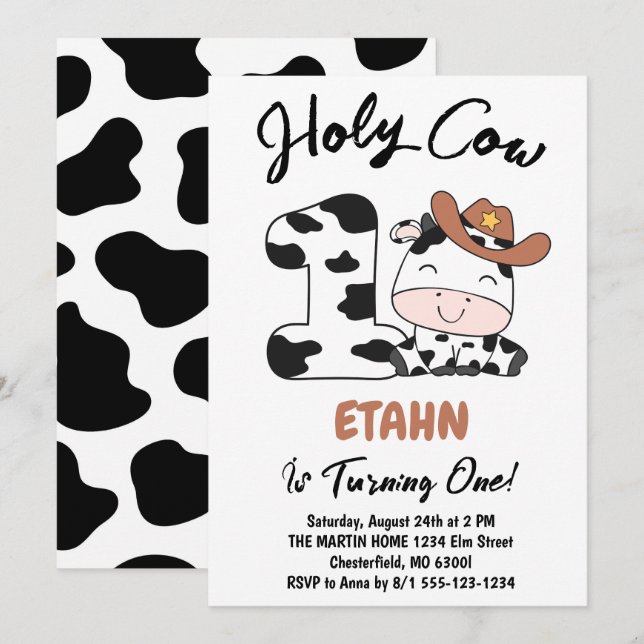 Holy Cow I'm One Boy 1st Birthday Party Invitation (Front/Back)