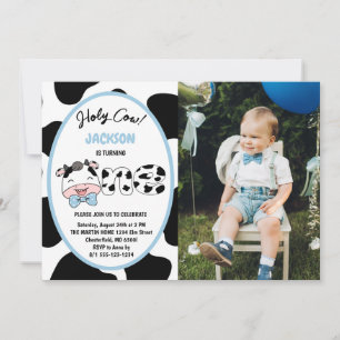 Holy Cow I'm One Boy 1st Birthday Photo Invitation