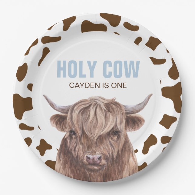 Holy Cow I'm One brown Cow Print birthday Paper Plate (Front)