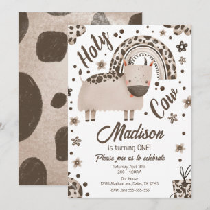 Holy Cow I'm One Brown Cow Print Farm 1st Birthday Invitation