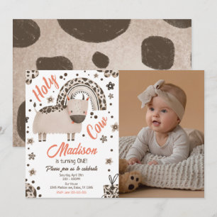 Holy Cow I'm One Brown Cow Print Girl 1st Birthday Invitation