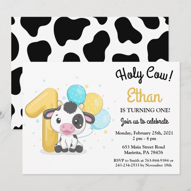 Holy Cow I'm One Cow 1st Birthday Invitation (Front/Back)